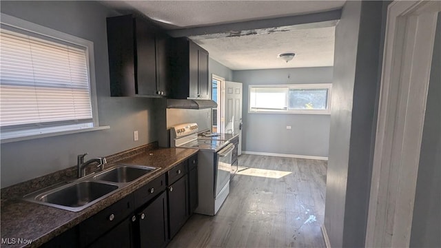 kitchen featuring dark brown cabinetry, sink, a textured ceiling, white electric stove, and light hardwood / wood-style floors