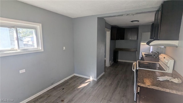 kitchen featuring white range, sink, and dark hardwood / wood-style floors