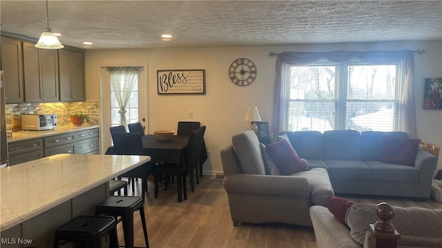 living room featuring hardwood / wood-style flooring and a textured ceiling