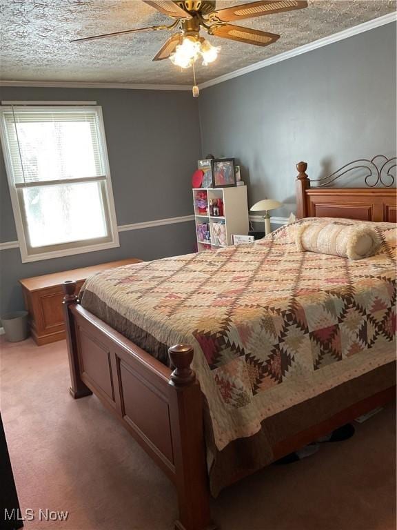 bedroom featuring ceiling fan, ornamental molding, light carpet, and a textured ceiling