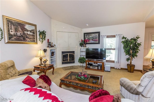 living room featuring vaulted ceiling and light carpet