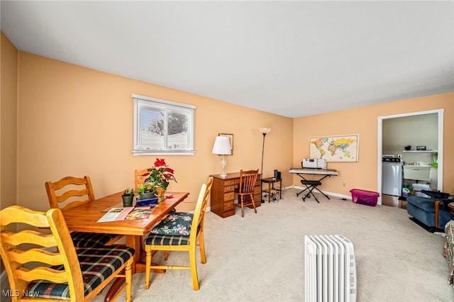 carpeted dining space featuring washer / clothes dryer and sink