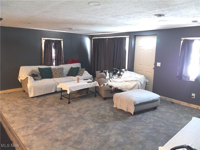 living room with dark colored carpet and a textured ceiling