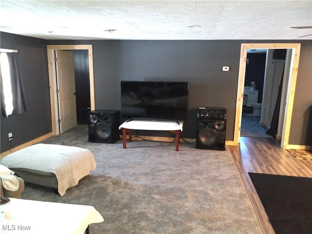 living room featuring wood-type flooring and a textured ceiling