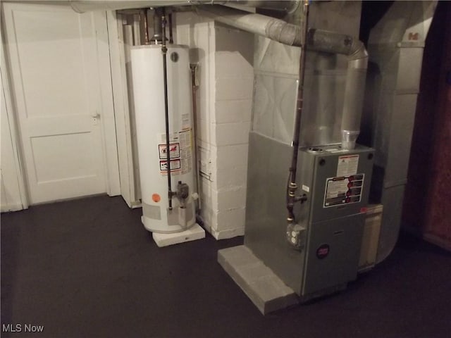 utility room with gas water heater and heating unit