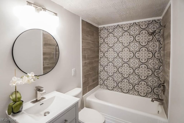 full bathroom featuring vanity, bathtub / shower combination, a textured ceiling, and toilet