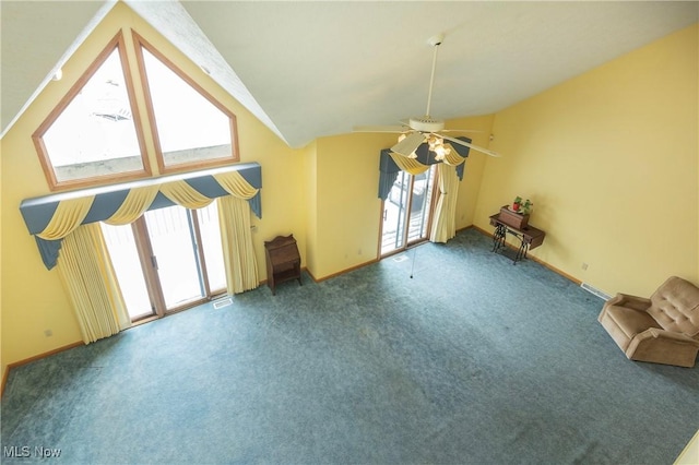 additional living space with lofted ceiling, carpet flooring, and ceiling fan