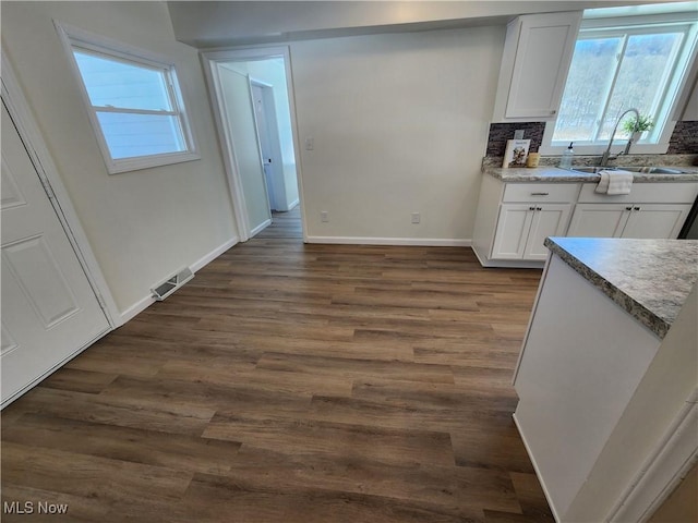 kitchen with sink, white cabinets, dark hardwood / wood-style floors, and decorative backsplash