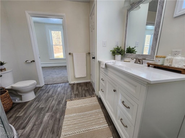 bathroom with hardwood / wood-style flooring, vanity, and toilet