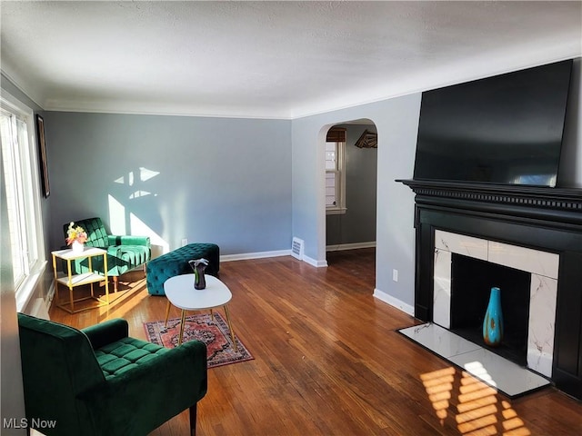 living room featuring a high end fireplace and wood-type flooring