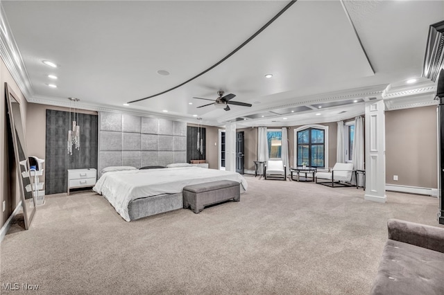 carpeted bedroom featuring decorative columns, ornamental molding, a baseboard heating unit, and ceiling fan