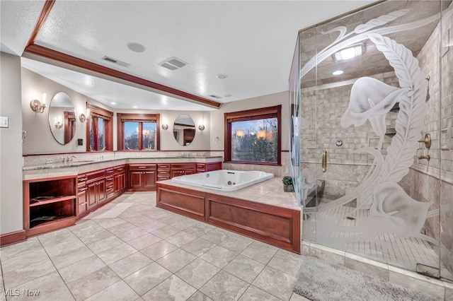 bathroom with tile patterned flooring, vanity, separate shower and tub, and tasteful backsplash