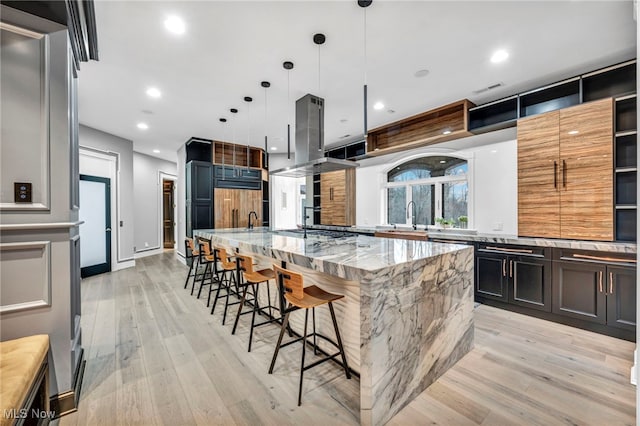 kitchen with sink, hanging light fixtures, light hardwood / wood-style flooring, a large island, and light stone countertops