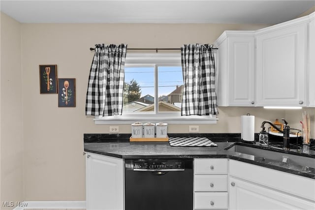 kitchen with white cabinetry, black dishwasher, sink, and dark stone counters