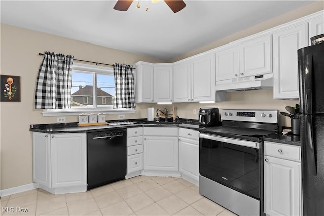 kitchen with light tile patterned flooring, sink, black appliances, ceiling fan, and white cabinets