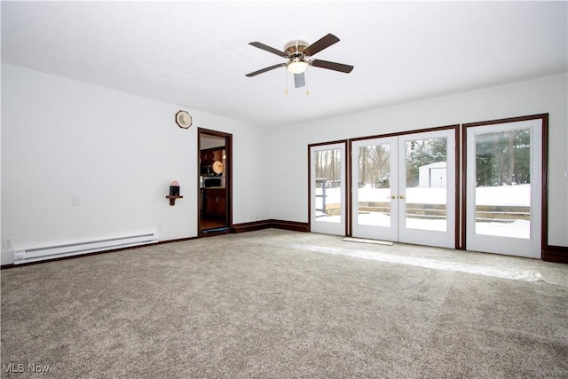 unfurnished room featuring baseboards, ceiling fan, carpet, baseboard heating, and french doors