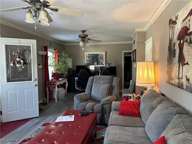 living room with hardwood / wood-style flooring, ceiling fan, and crown molding