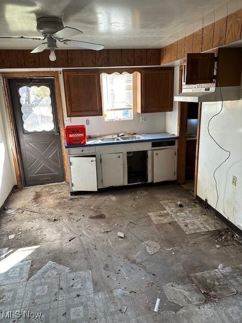 kitchen featuring ceiling fan, dishwasher, and sink