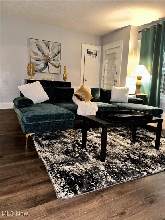 living room featuring dark hardwood / wood-style floors and a textured ceiling