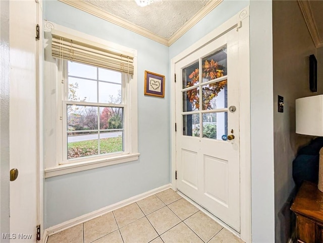 doorway featuring light tile patterned floors, crown molding, and a textured ceiling