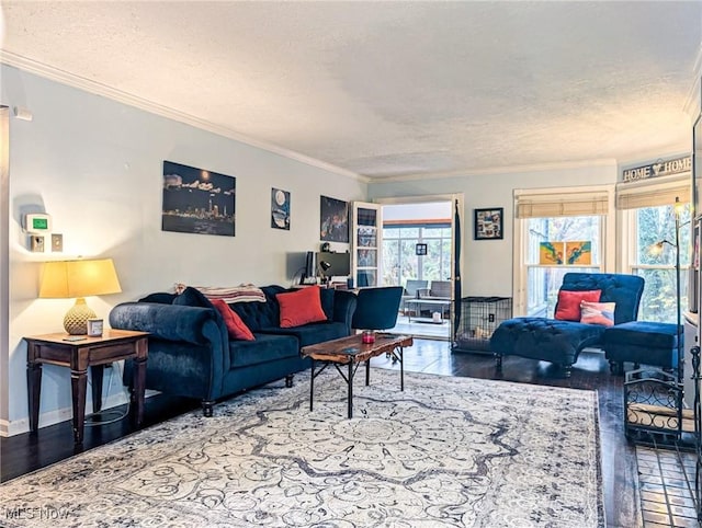 living room with ornamental molding, hardwood / wood-style floors, and a textured ceiling