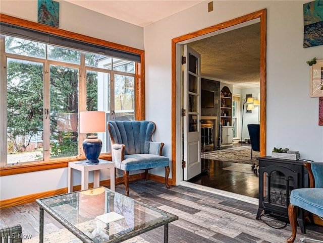 interior space with a wood stove