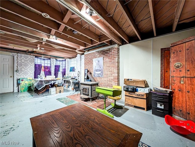 interior space featuring a wood stove