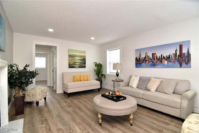 living room with recessed lighting, baseboards, and wood finished floors