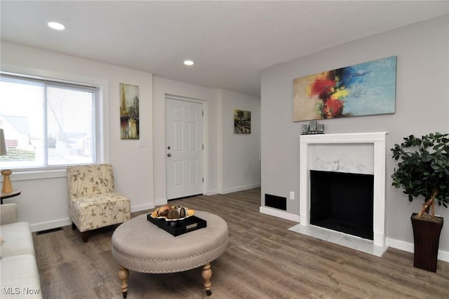 living area with recessed lighting, wood finished floors, baseboards, and a premium fireplace