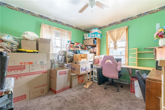 office area featuring carpet floors and ceiling fan