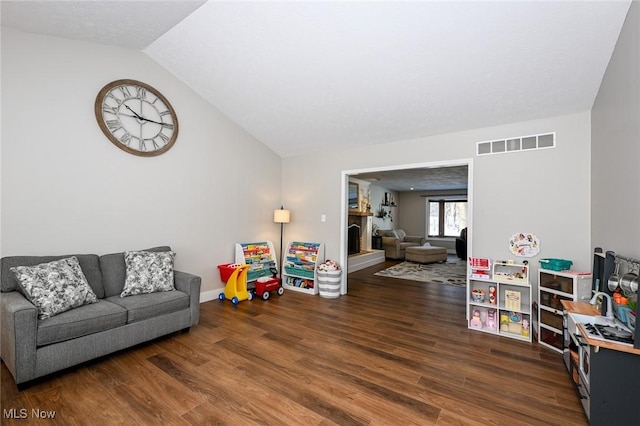 playroom featuring lofted ceiling and dark hardwood / wood-style floors