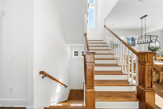 staircase with hardwood / wood-style flooring