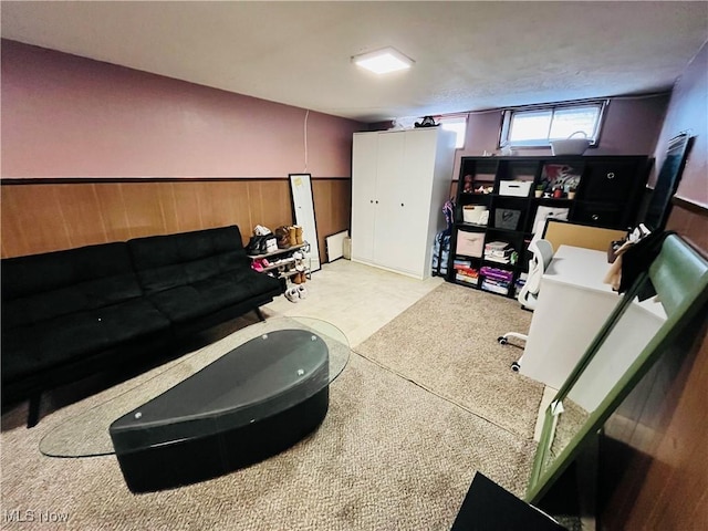 living room with wooden walls