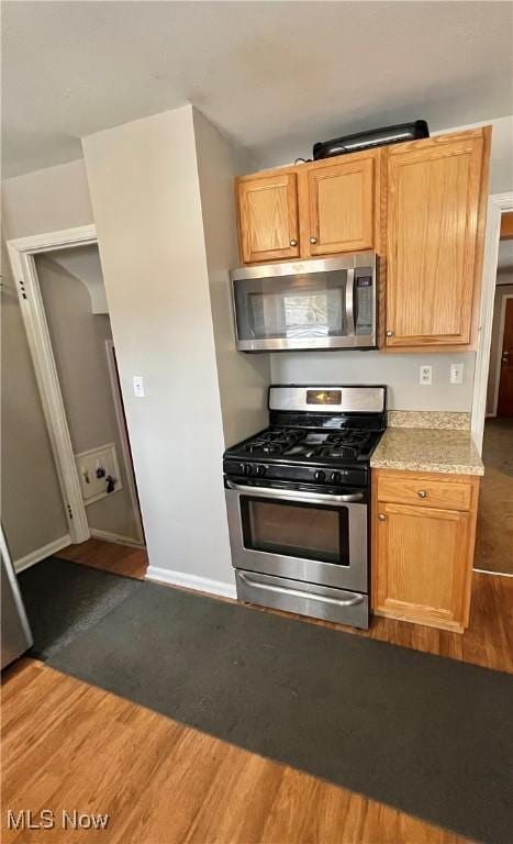 kitchen with appliances with stainless steel finishes and hardwood / wood-style floors