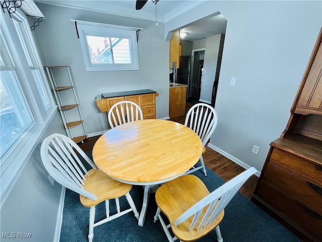 dining space featuring ceiling fan and dark hardwood / wood-style flooring