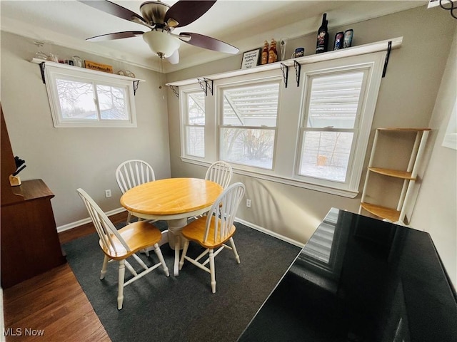 dining area featuring ceiling fan and dark hardwood / wood-style flooring