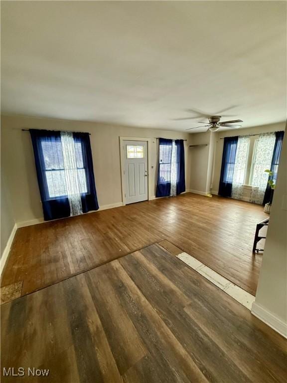 foyer with hardwood / wood-style flooring and ceiling fan