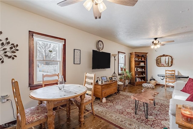 living room with hardwood / wood-style floors and ceiling fan