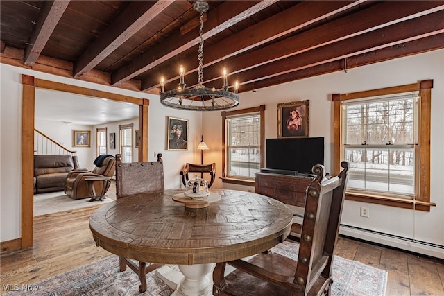 dining room with beamed ceiling, wood ceiling, wood-type flooring, and an inviting chandelier