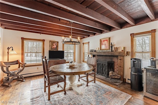 dining area featuring hardwood / wood-style floors, a notable chandelier, wooden ceiling, and beamed ceiling