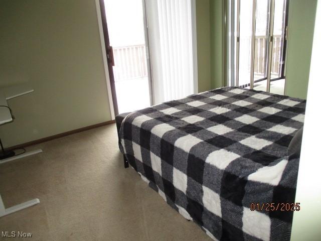 bedroom featuring light colored carpet