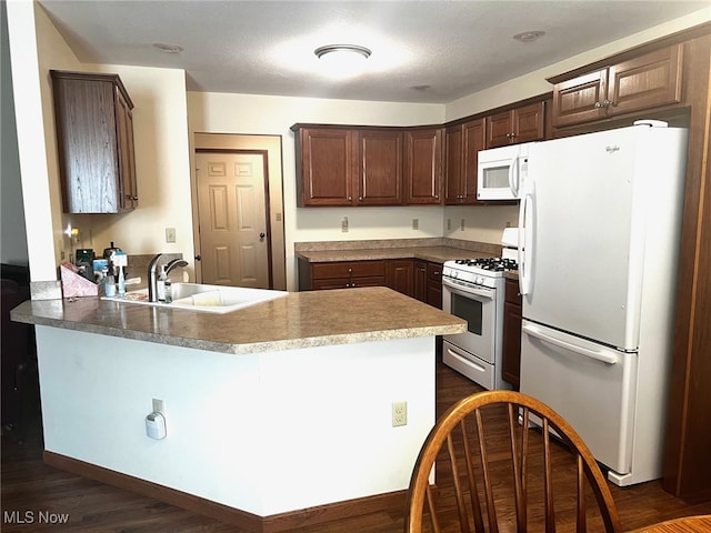 kitchen featuring sink, white appliances, dark wood-type flooring, and kitchen peninsula