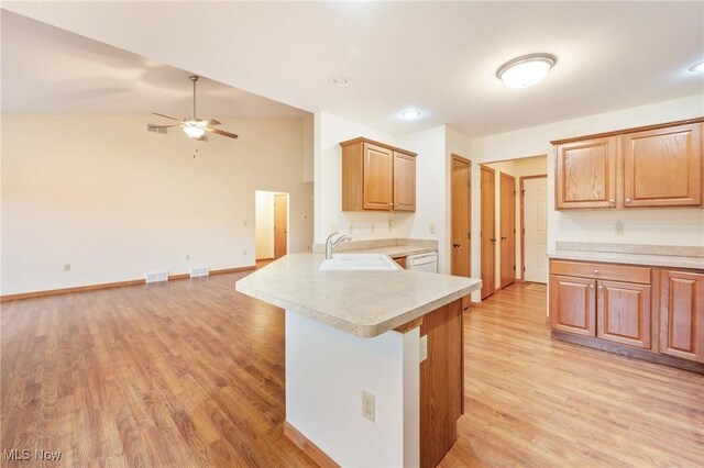 1089 Park Pl, Niles, OH 44446 - kitchen with light hardwood / wood-style floors, lofted ceiling, kitchen peninsula, and sink