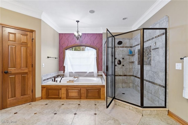 bathroom with a notable chandelier, tile patterned floors, ornamental molding, and plus walk in shower