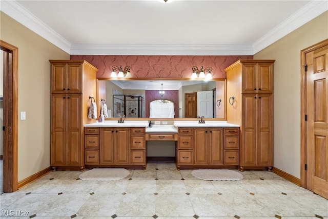 bathroom featuring ornamental molding, an enclosed shower, and vanity