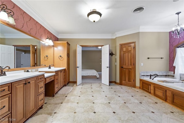 bathroom featuring crown molding, vanity, and a bath