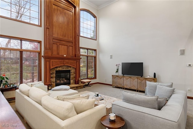 carpeted living room featuring crown molding and a fireplace