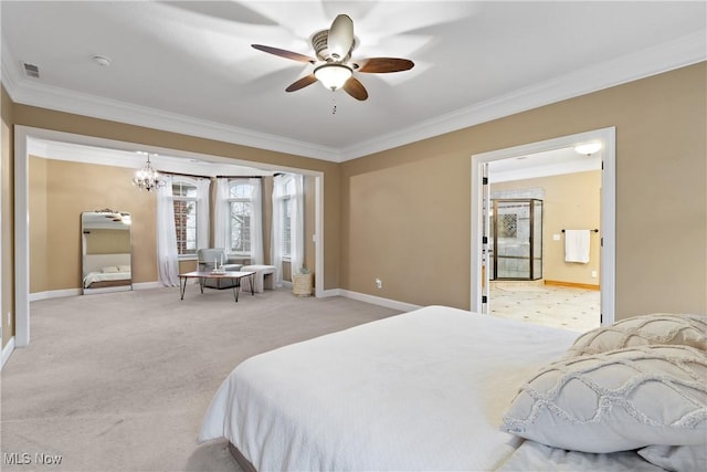 carpeted bedroom featuring crown molding and ceiling fan with notable chandelier