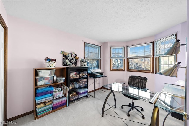 carpeted office space with a textured ceiling