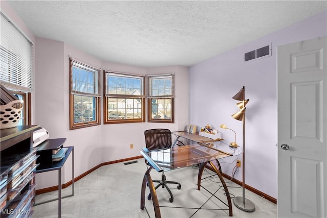 office space with light colored carpet and a textured ceiling